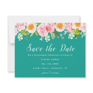 Teal Spring Quinceañera Save the Date Card
