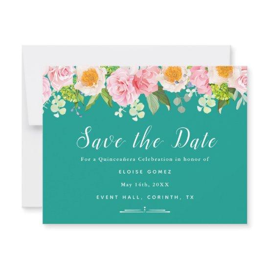 Teal Spring Quinceañera Save the Date Card