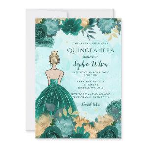 Teal Turquoise Gold Floral Princess Quinceañera