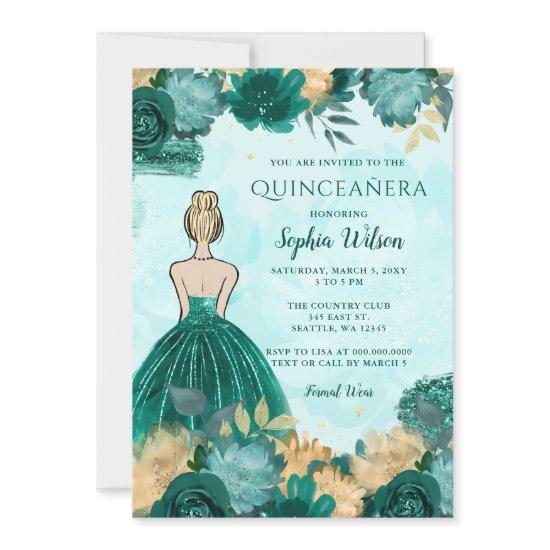 Teal Turquoise Gold Floral Princess Quinceañera