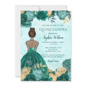Teal Turquoise Gold Floral Princess Quinceañera