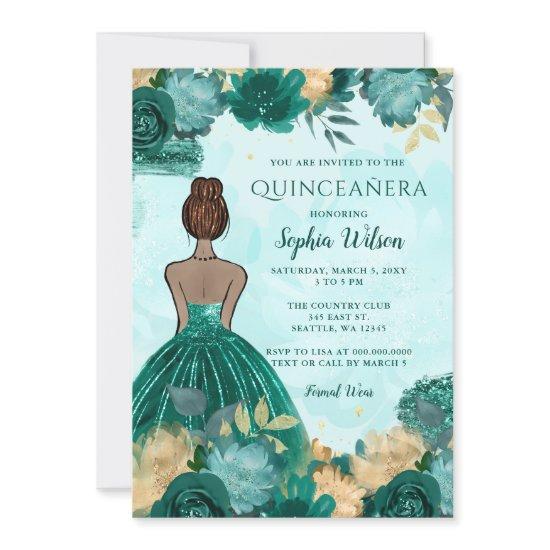 Teal Turquoise Gold Floral Princess Quinceañera