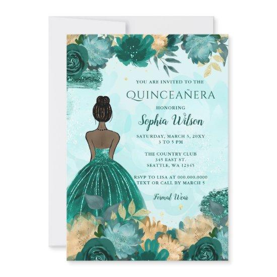 Teal Turquoise Gold Floral Princess Quinceañera