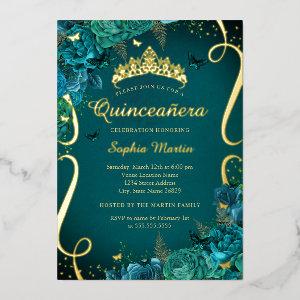 Teal Vibrant Gold Floral Butterfly Quinceanera  Foil
