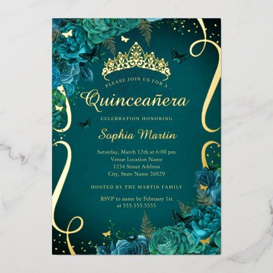 Teal Vibrant Gold Floral Butterfly Quinceanera  Foil