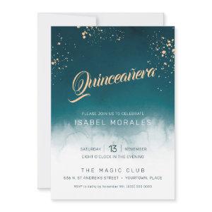 Teal Watercolor Golden Splatter Quinceanera Party
