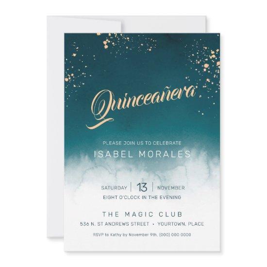 Teal Watercolor Golden Splatter Quinceanera Party