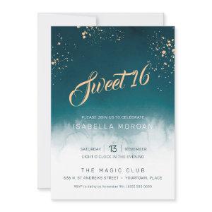 Teal Watercolor Golden Splatter Sweet 16 Party