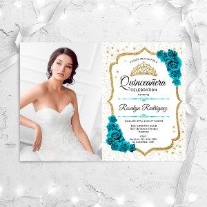 Teal White Gold Quinceanera Party With Photo