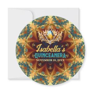 Teal Yellow Fractal Lace & Tiara Quinceañera