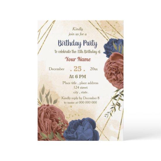 terracotta navy blue floral greenery birthday