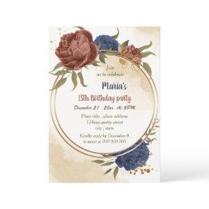 terracotta navy blue floral greenery birthday