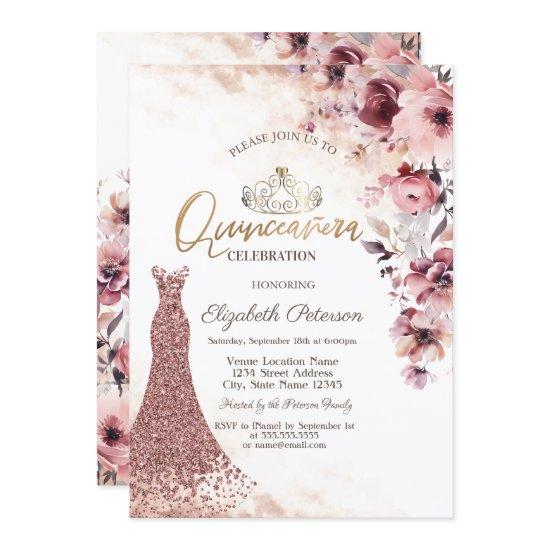 Tiara Blush Pink Roses Diamonds Dress Quinceañera