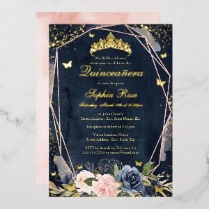 Tiara Butterfly Floral Navy Pink Quinceanera Foil