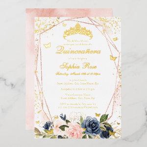 Tiara Butterfly Floral Pink Navy Quinceanera Foil