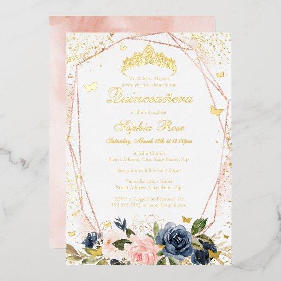 Tiara Butterfly Floral Pink Navy Quinceanera Foil