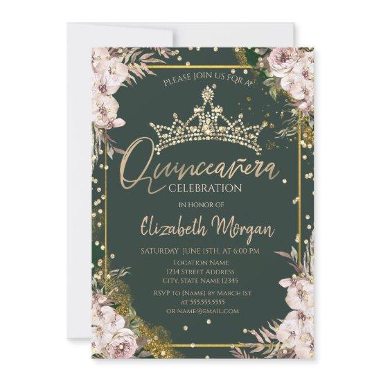 Tiara,Diamonds Boho Flowers Green Quinceañera