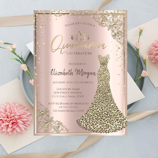 Tiara,Diamonds Dress,Rose Gold Quinceañera