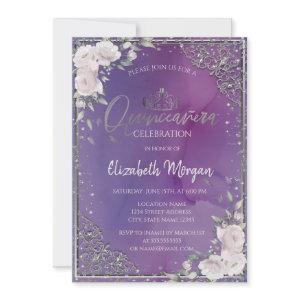 Tiara,Diamonds Frame Flowers Violet Quinceañera