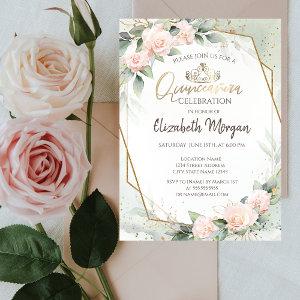 Tiara,Diamonds,Roses Watercolor Green Quinceañera