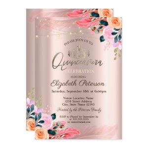 Tiara,Flowers Feather Rose Gold Quinceañera