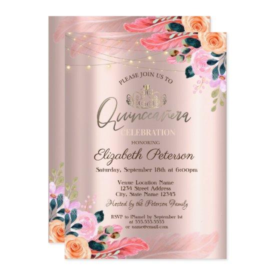 Tiara,Flowers Feather Rose Gold Quinceañera
