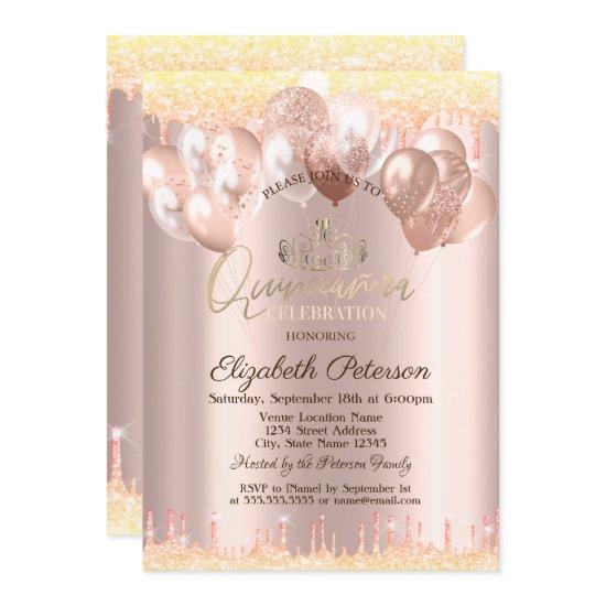 Tiara,Glitter Drops Balloons Quinceañera