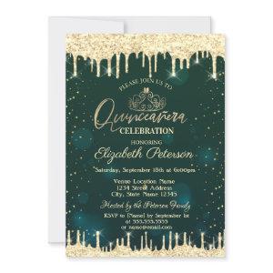 Tiara,Gold Glitter Drips Stars Green Quinceañera