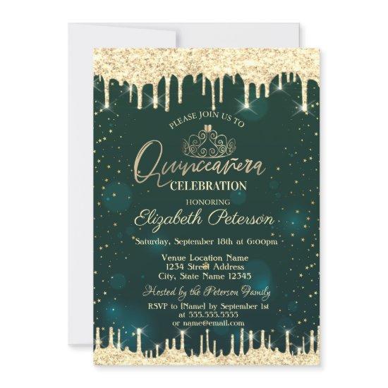 Tiara,Gold Glitter Drips Stars Green Quinceañera