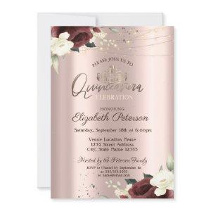 Tiara,Lights,Burgundy Roses,Rose Gold Quinceañera