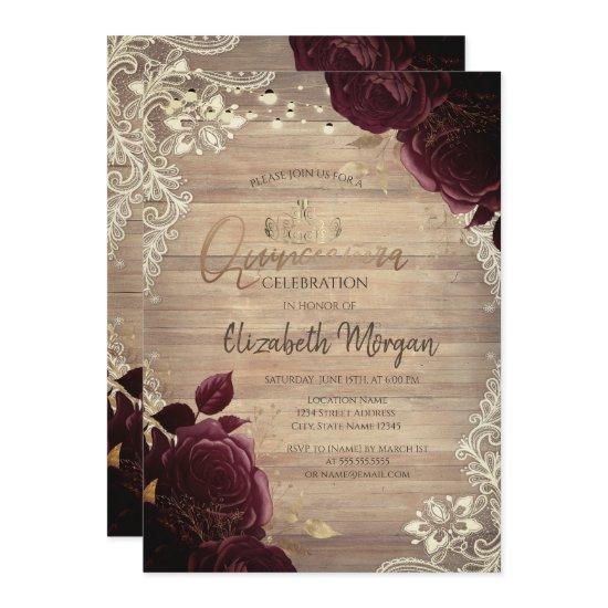 Tiara,Lights,Wood Burgundy Roses Lace Quinceañera