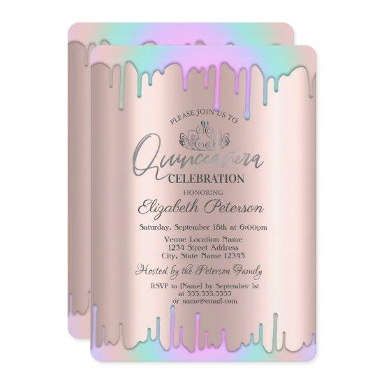 Tiara,Rainbow Drops Rose Gold Quinceañera