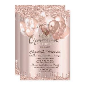 Tiara,Rose Gold Glitter Drops Balloons Quinceañera