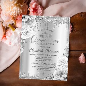 Tiara,Silver Glitter Drops Flowers Quinceañera