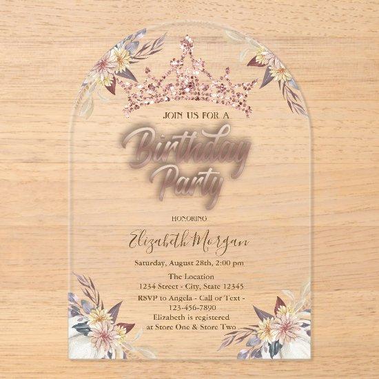 Tiara Stars Flowers Rose Gold Birthday Party  Acrylic