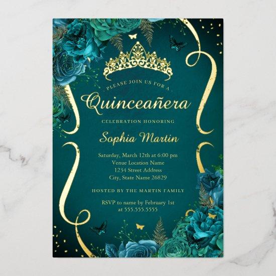 Tiara Teal Rose Floral Butterfly Quinceanera Foil