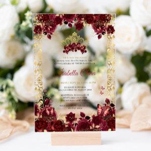 Timeless Burgundy Floral Gold Arch Quinceanera Acrylic