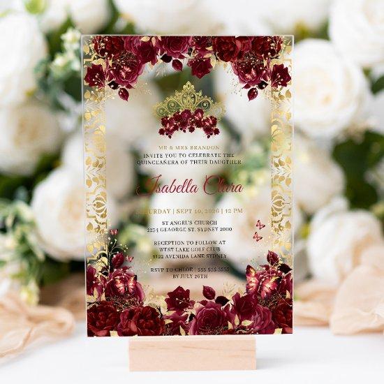 Timeless Burgundy Floral Gold Arch Quinceanera Acrylic