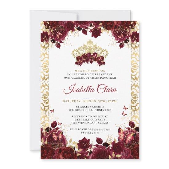 Timeless Burgundy Floral Gold Arch Quinceanera