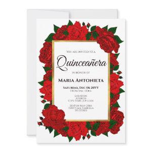 Traditional Red Roses Gold Photo Quinceañera Invit