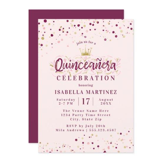Trendy Blush Burgundy & Gold Confetti Quinceañera