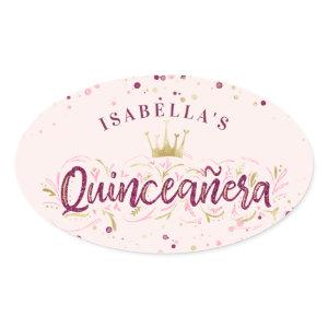 Trendy Blush Burgundy & Gold Confetti Quinceañera Oval Sticker