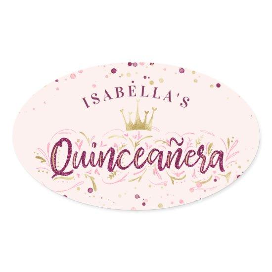Trendy Blush Burgundy & Gold Confetti Quinceañera Oval Sticker