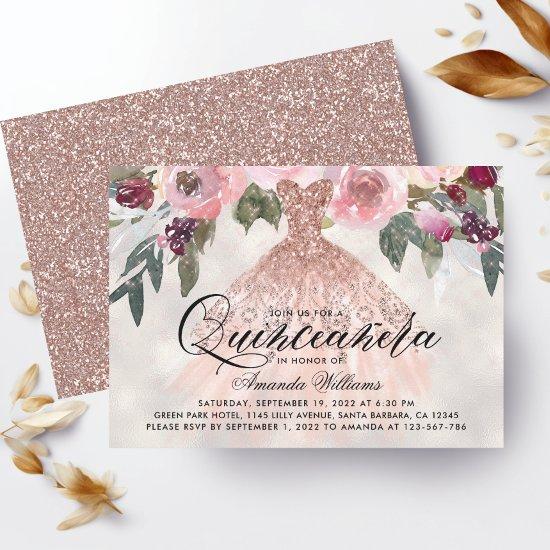 Trendy Floral Rose Gold Gown Quinceañera