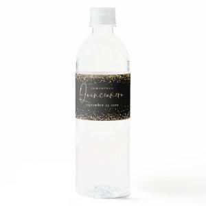 Trendy Gold Glitter Name Date Quinceañera Black Water Bottle Label