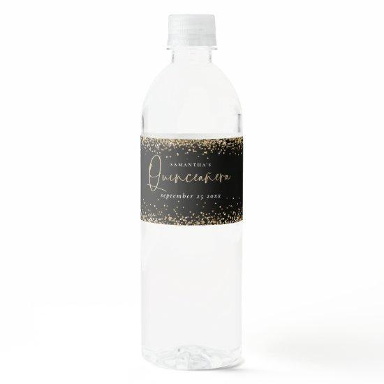 Trendy Gold Glitter Name Date Quinceañera Black Water Bottle Label