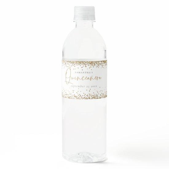 Trendy Gold Glitter Name Date Quinceañera Party  Water Bottle Label