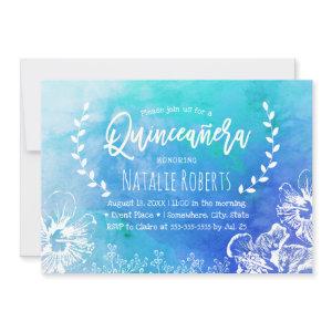 Tropical Beach Floral Blue Watercolor Quinceanera