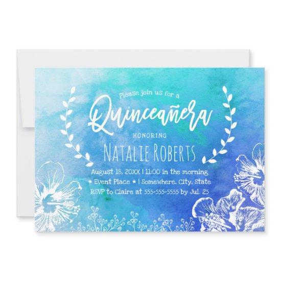 Tropical Beach Floral Blue Watercolor Quinceanera