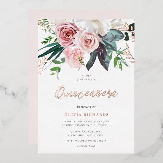 Tropical Blush Pink Roses Quinceanera Party Foil